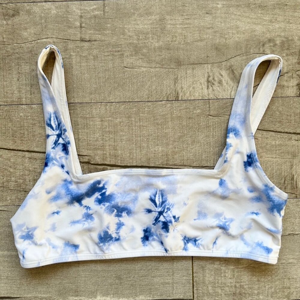 Forever 21 Blue White Tie Dye Square Neck Y2K Scoop Micro Bikini Swim Top LARGE